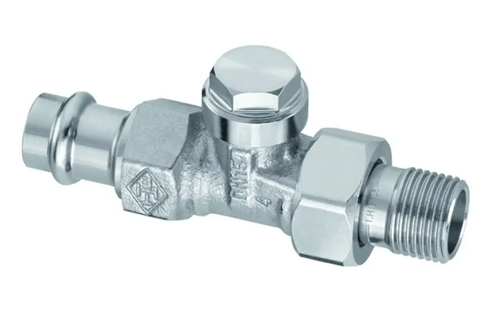 Verschraubung aus Metall mit zwei unterschiedlichen Anschlussarten, einem runden Bedienknopf oben und einer Kennzeichnung. Produkt von IMI Hydronic Engineering.